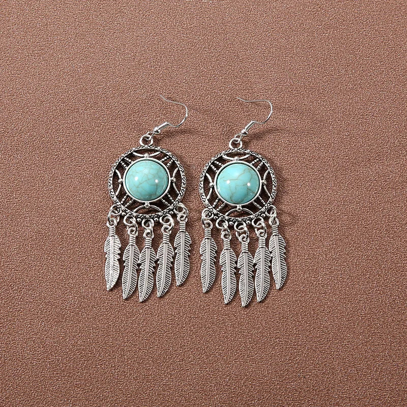 Bohemian fringed turquoise personality temperament earrings jewelry