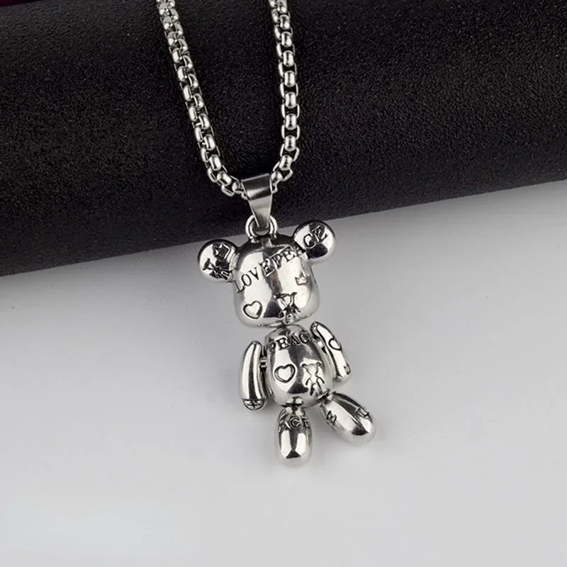 Rotatable Bear Doll Pendant Stainless Steel Necklace Men and Women Hip-hop Personality Simple Cartoon Sweater Chain Wholesale