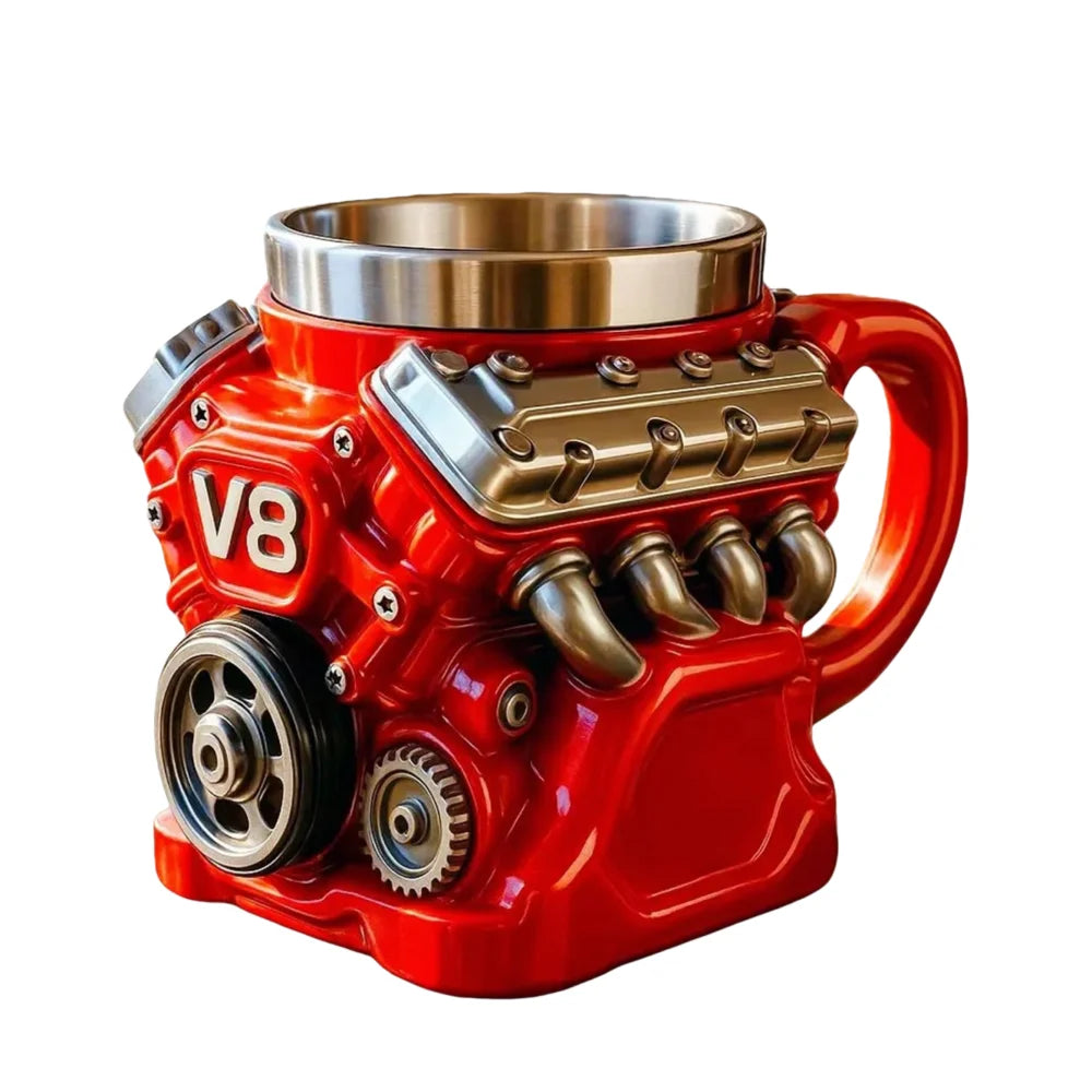 Retro Engine Coffee Mug Double Wall 300ML V8 Engines Stainless Steel Cup with Handle Realistic Design Insulation Car Mug