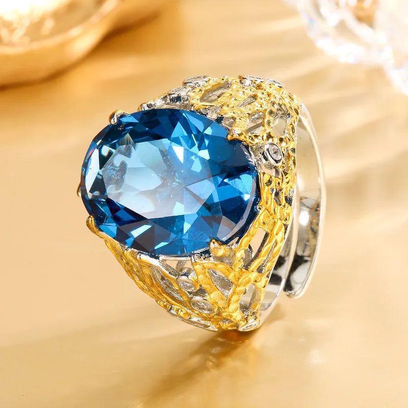 Women's Adjustable Hollow Statement Ring Vintage Two Tone Filigree Ring with Large Oval Red Blue Gemstone Fashion Party Jewelry
