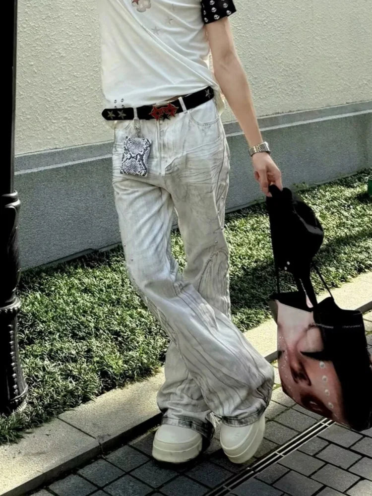 2026 Punk Y2K Style Dirty Washed White Patchwork Baggy Flared Stacked Jeans Pants For Men Clothing Streetwear Goth Long Trousers