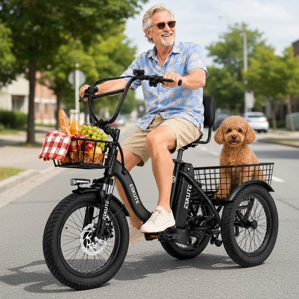 ESKUTE T300 E Trike Electric Bike, Peak Brushless Motor Folding Trike 18X3.0 Fat Tire Ebike, 624Wh Removable Battery, Step-Thru 3 Wheel Electric Bicycle, Up to 65 Miles, 18MPH+ Tricycle for Adults