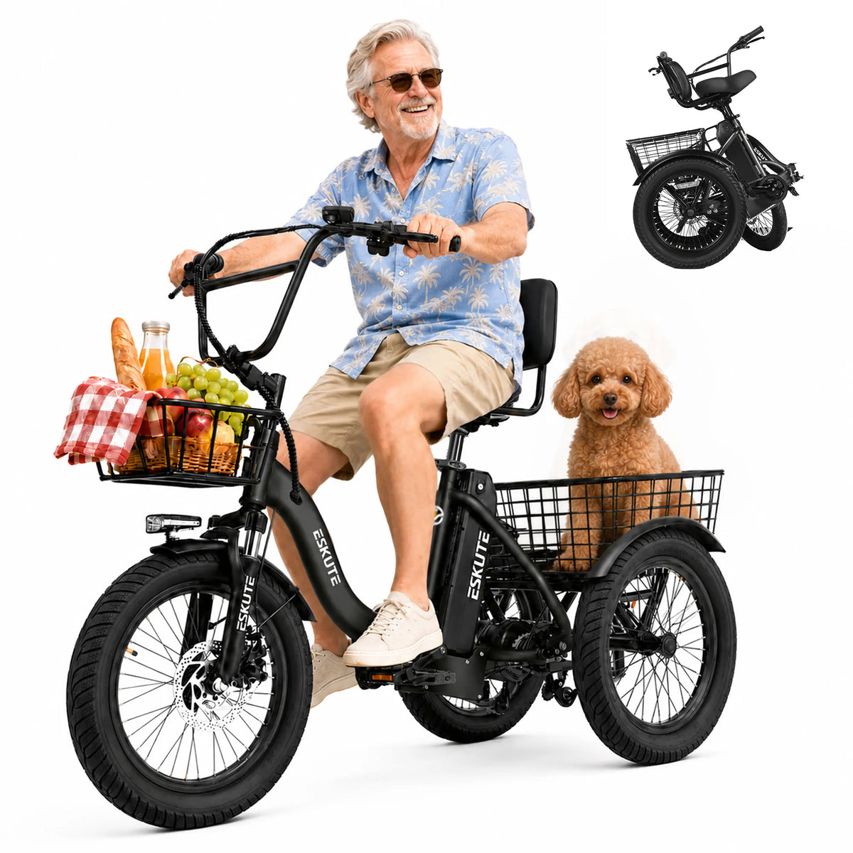 ESKUTE T300 E Trike Electric Bike, Peak Brushless Motor Folding Trike 18X3.0 Fat Tire Ebike, 624Wh Removable Battery, Step-Thru 3 Wheel Electric Bicycle, Up to 65 Miles, 18MPH+ Tricycle for Adults