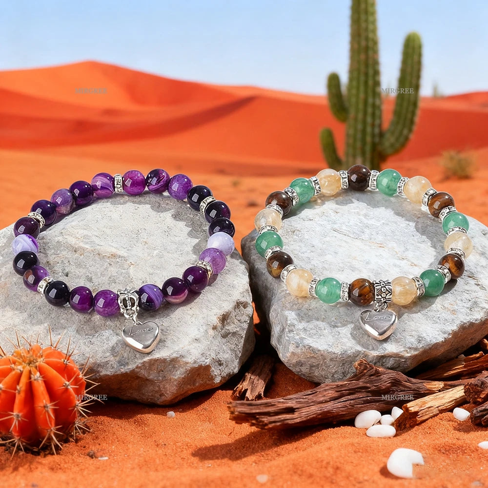 2pcs Bracelet Set, Multi-layer Bead Bracelet with Silver Heart Pendant, Ideal Gift for Crystal Enthusiasts and Bohemians