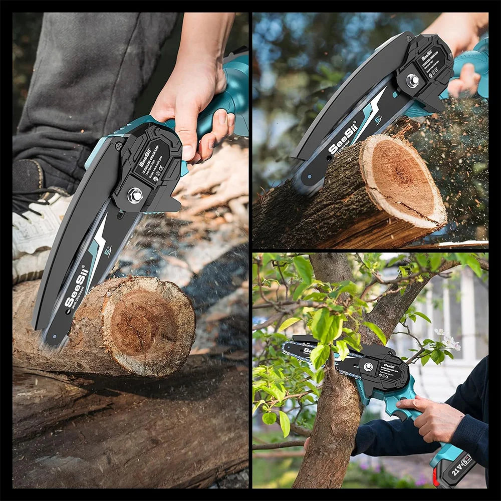 SEESII 6'' Cordless Mini Chainsaw Handheld Electric Power Chain Saw Tree Trimming Wood Cutting for Makita 18V Battery Pin