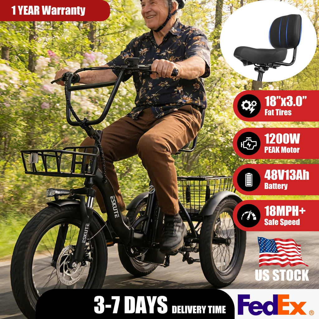 ESKUTE T300 E Trike Electric Bike, Peak Brushless Motor Folding Trike 18X3.0 Fat Tire Ebike, 624Wh Removable Battery, Step-Thru 3 Wheel Electric Bicycle, Up to 65 Miles, 18MPH+ Tricycle for Adults
