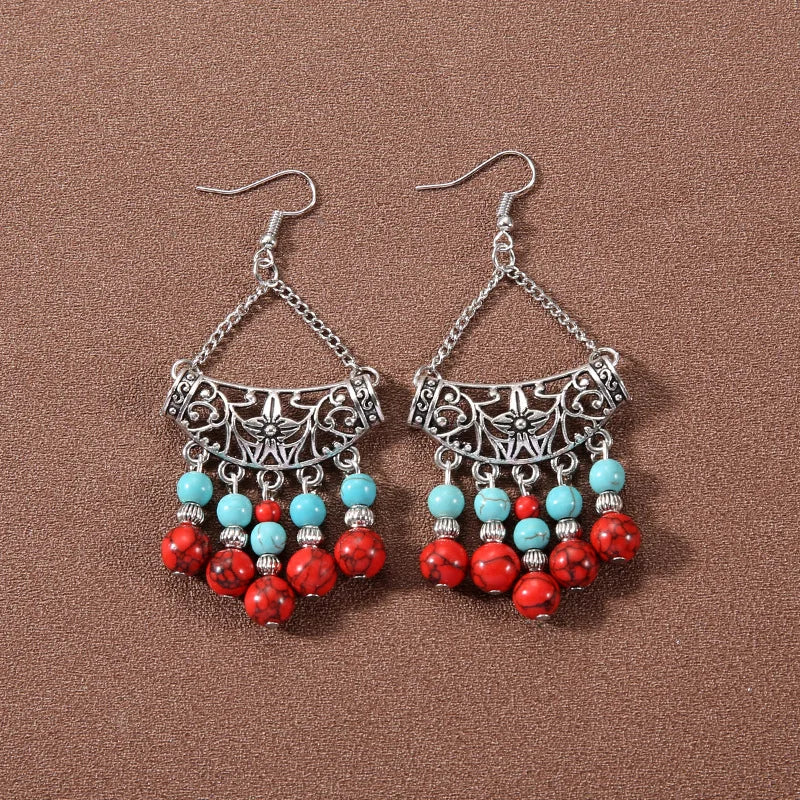 Bohemian fringed turquoise personality temperament earrings jewelry
