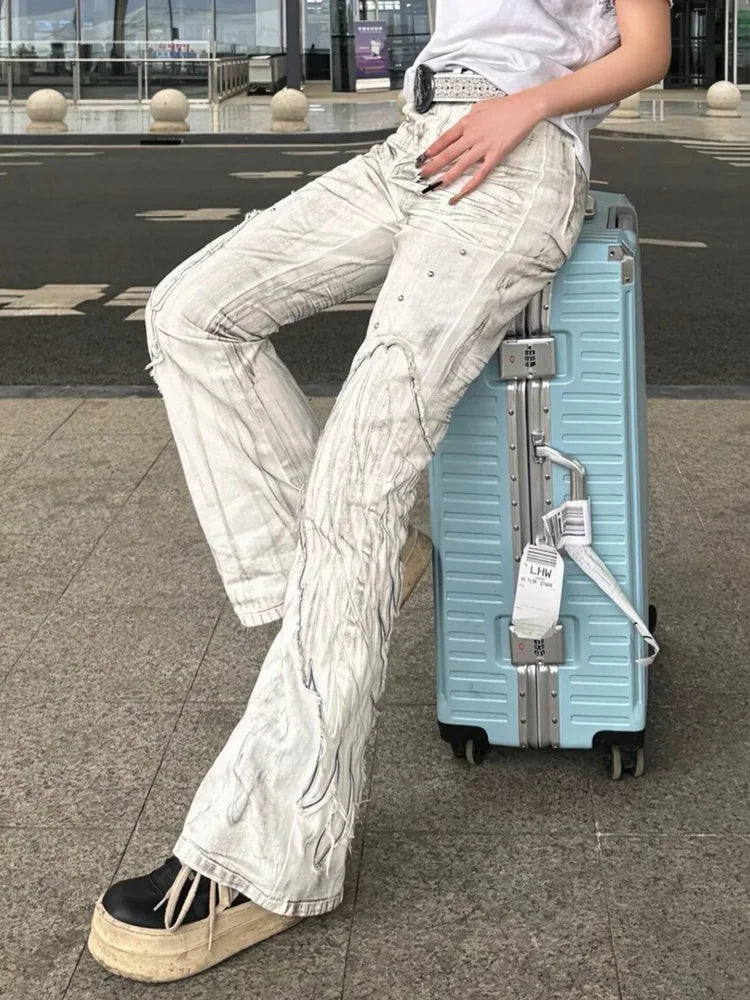 2026 Cyber Y2K Streetwear Dirty Washed White Baggy Women's Flared Jeans Pants For Woman Clothing Wing Embroidery Long Trousers