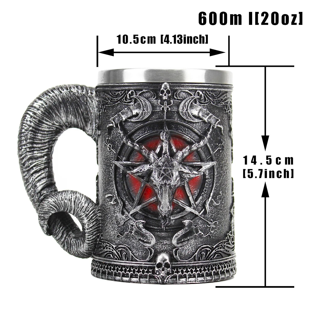 Baphomet Pentagram Horn Mugs Resin Hand Painted  Polished Retro Beer Stainless Steel Iiner Cool Cup Gothic Kitchen Bar Drinkware