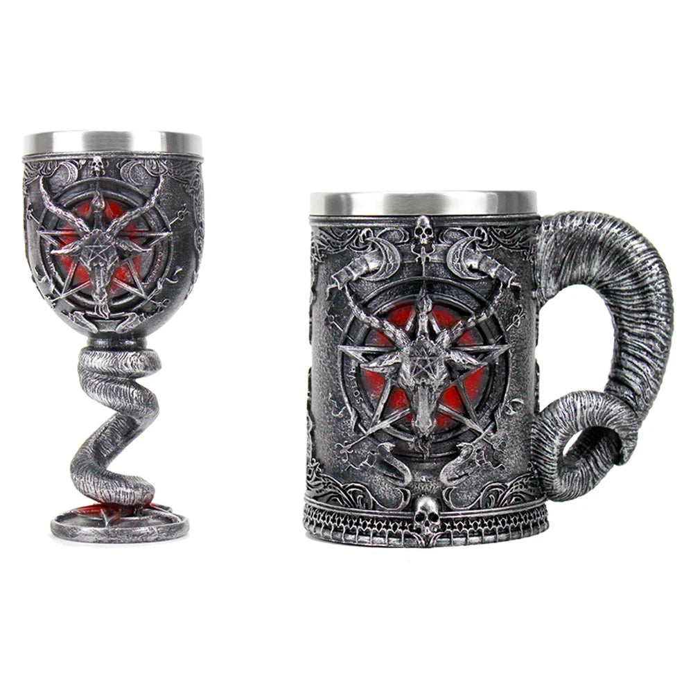 Baphomet Pentagram Horn Mugs Resin Hand Painted  Polished Retro Beer Stainless Steel Iiner Cool Cup Gothic Kitchen Bar Drinkware