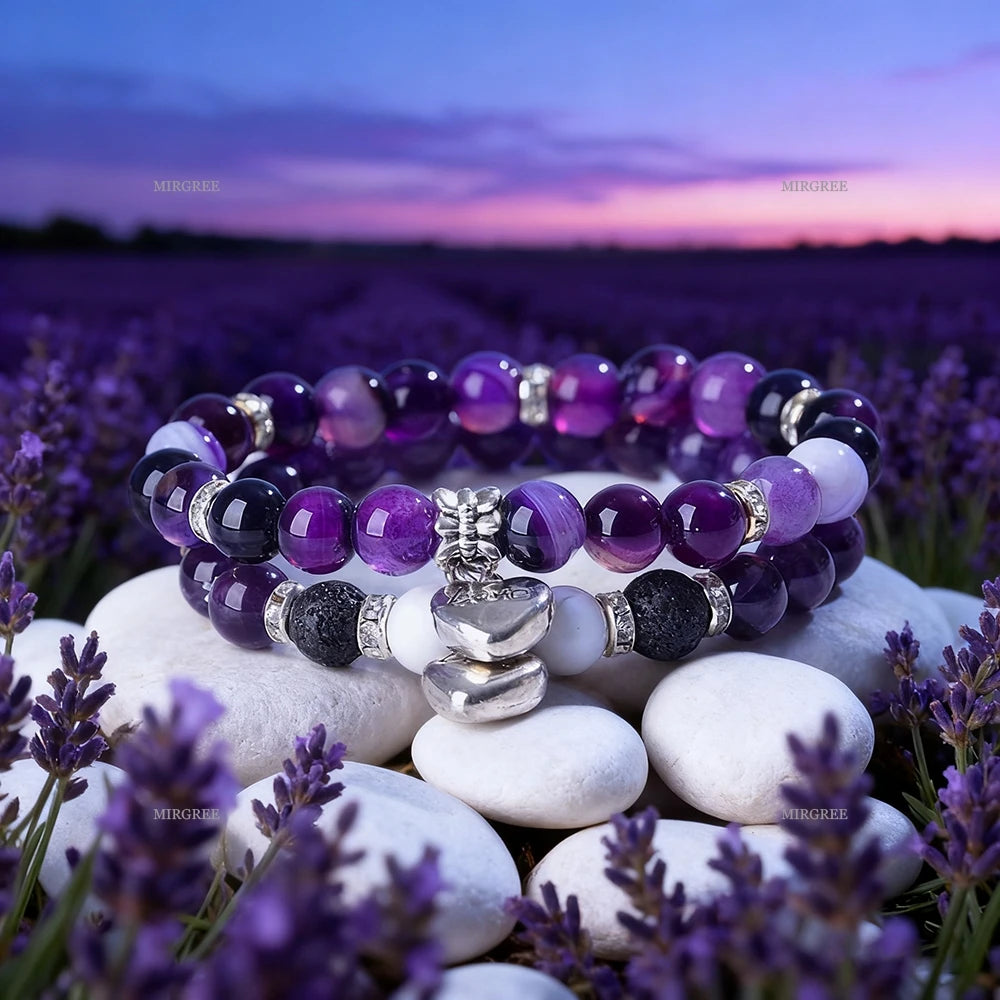 2pcs Bracelet Set, Multi-layer Bead Bracelet with Silver Heart Pendant, Ideal Gift for Crystal Enthusiasts and Bohemians