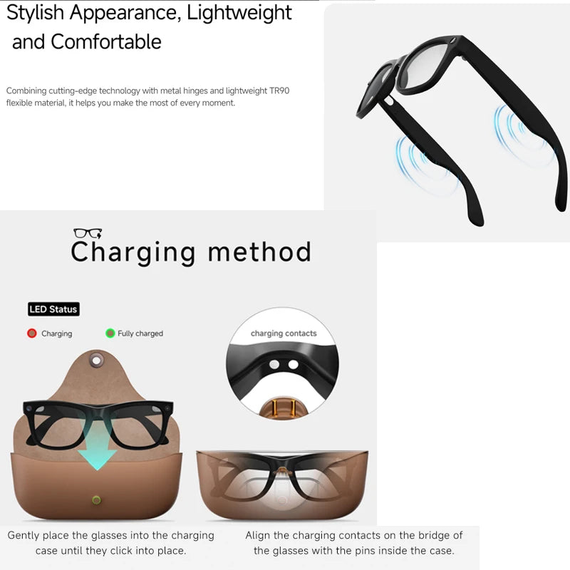 2026 Smart Glasses Genuine Leather 8MP HD Lens 2000Mah Charging Case BT Call 3D Music AI Voice Wake-up AI Translation