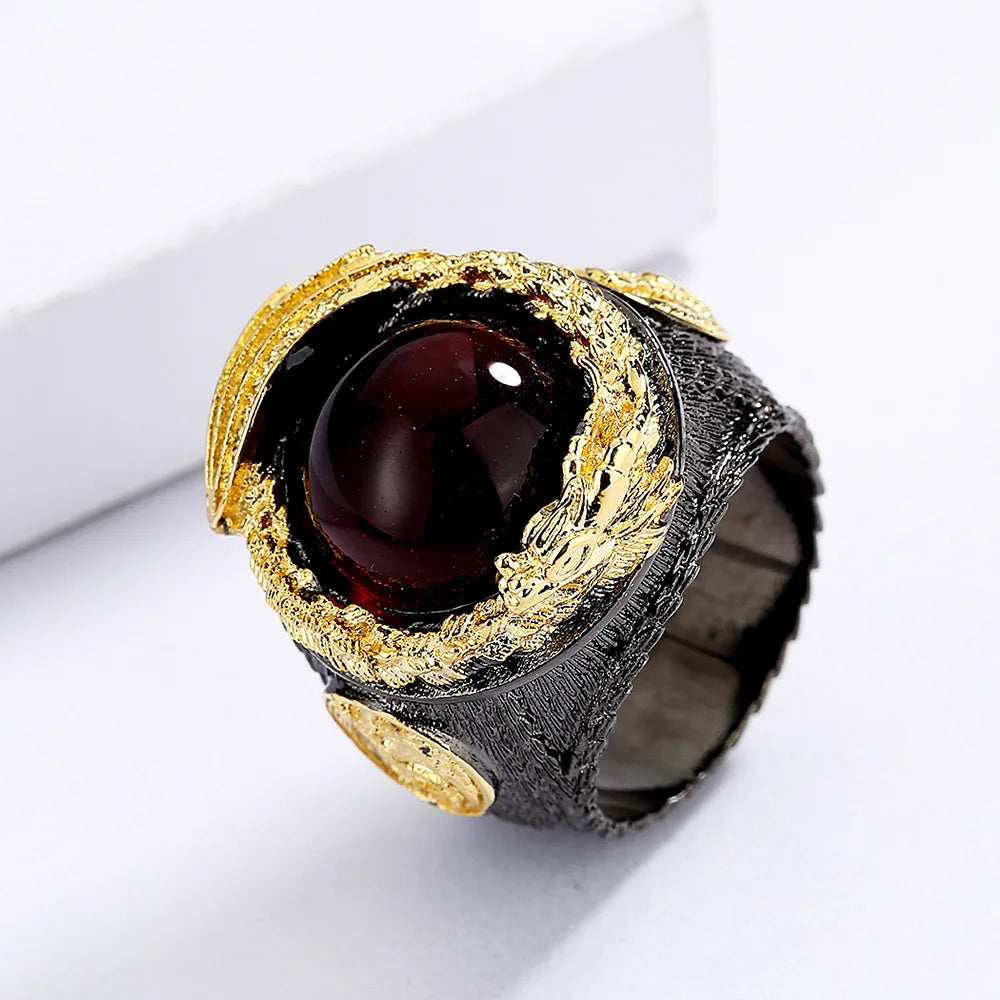 Domineering Men's for Ring Inlaid Red Zircon Ring Carved Dragon Ring Black Gold Ring Jewelry Party Ring Mens Rings Gold