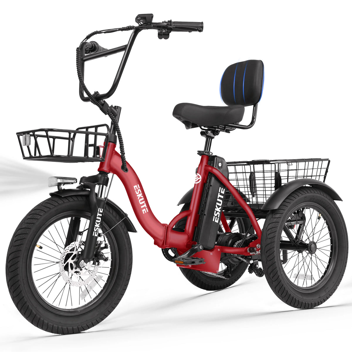 ESKUTE T300 E Trike Electric Bike, Peak Brushless Motor Folding Trike 18X3.0 Fat Tire Ebike, 624Wh Removable Battery, Step-Thru 3 Wheel Electric Bicycle, Up to 65 Miles, 18MPH+ Tricycle for Adults