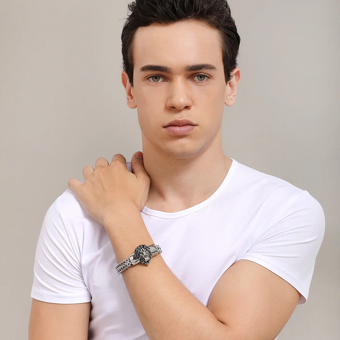 8.66inch Cool Gold Color Lion Head Bracelet Men Stainless Steel Franco Link Chain Luxury Man Bracelet Gift