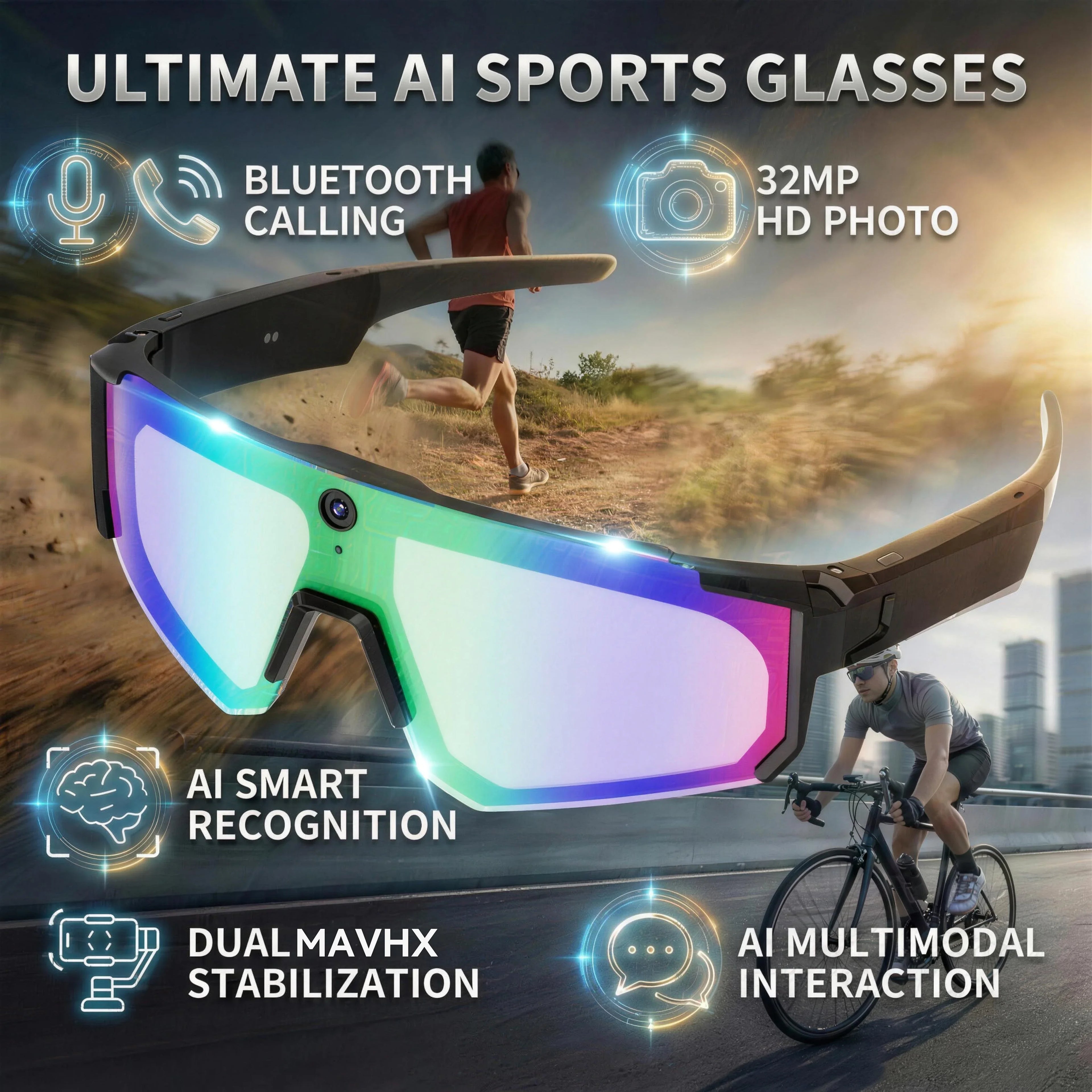2026 New 800W HD Smart Glasses Men 32GB Photo Video Recording Bluetooth Call Sport Sunglasses Cycling Driver UV400 IP54 Goggles