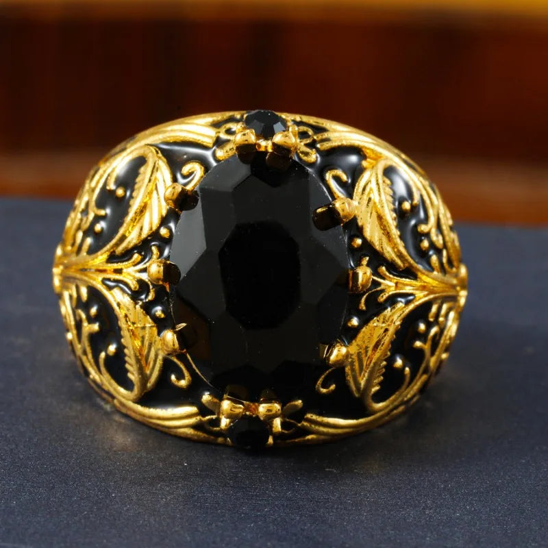 Huajie Featured Palace Prints Turkish Signet Rings for Men Inlaid Black Zircon Vintage Style Ring Jewelry Trend