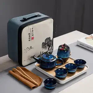 Ceramic Kung Fu Travel Tea Set Set Tianmu Glaze Kiln One Pot Four Cup Outdoor Travel Chinese Tea Set with Tote Bag Portable Gift