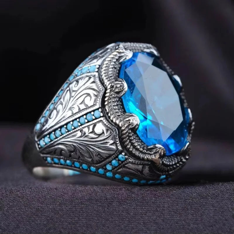 Men's Ring Retro Style Alloy Material Antique Silver Color Pattern Mysterious Artificial Zircon Inlay Trendy Party Luxury