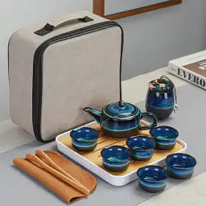 Ceramic Kung Fu Travel Tea Set Set Tianmu Glaze Kiln One Pot Four Cup Outdoor Travel Chinese Tea Set with Tote Bag Portable Gift