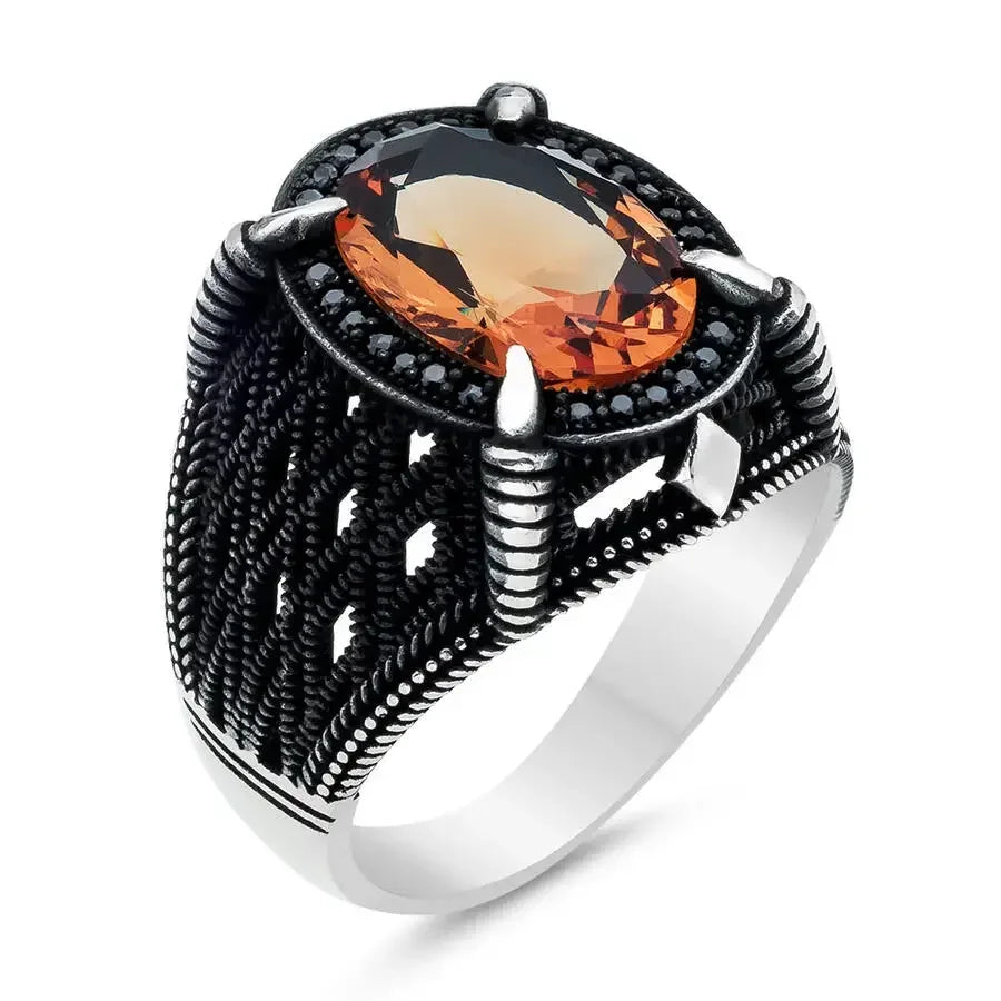 New Copper Material Open Adjustable Ring Amber Gemstone Personality High Jewelry Fashion Luxury Business Men's High-end Ring