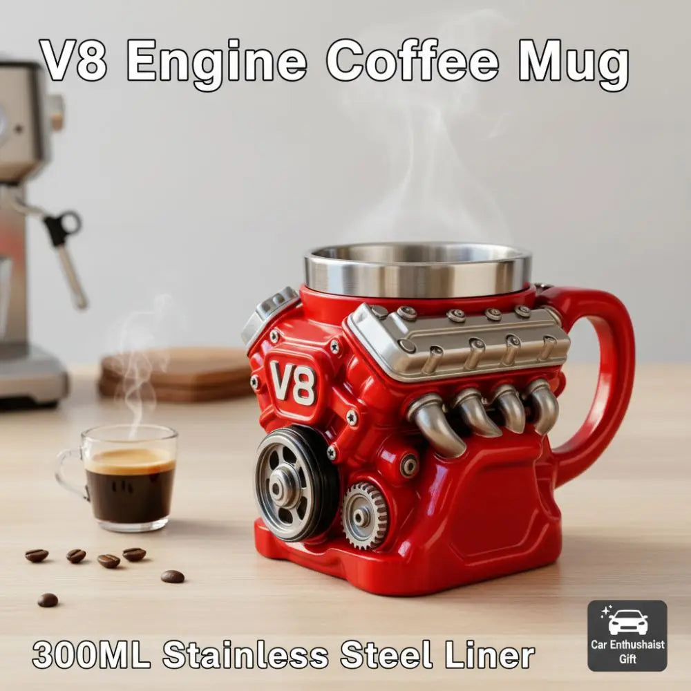 Retro Engine Coffee Mug Double Wall 300ML V8 Engines Stainless Steel Cup with Handle Realistic Design Insulation Car Mug