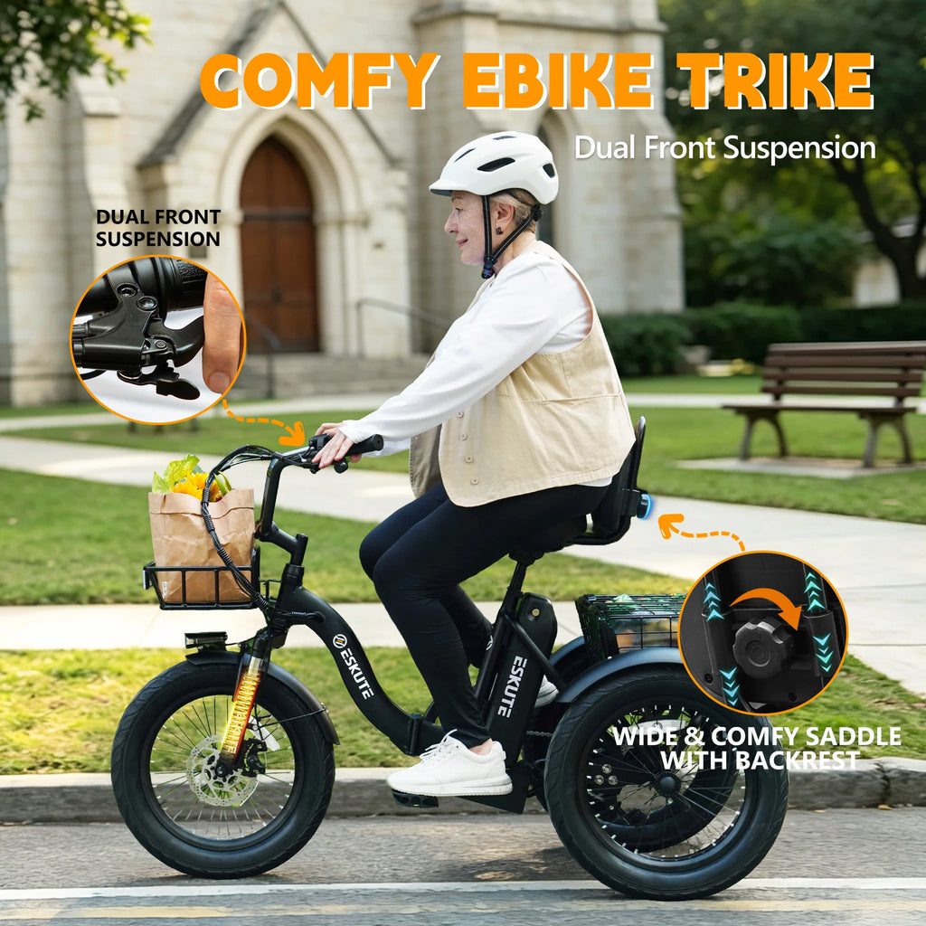 ESKUTE T300 E Trike Electric Bike, Peak Brushless Motor Folding Trike 18X3.0 Fat Tire Ebike, 624Wh Removable Battery, Step-Thru 3 Wheel Electric Bicycle, Up to 65 Miles, 18MPH+ Tricycle for Adults