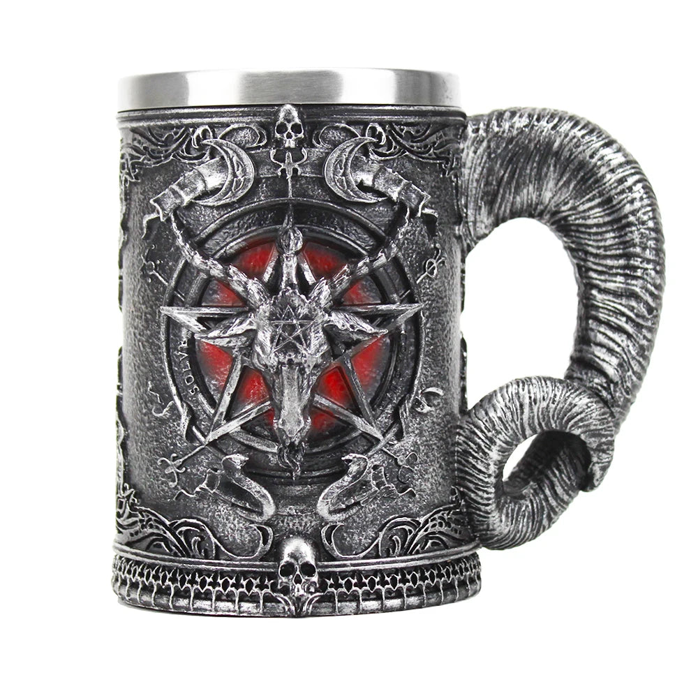 Baphomet Pentagram Horn Mugs Resin Hand Painted  Polished Retro Beer Stainless Steel Iiner Cool Cup Gothic Kitchen Bar Drinkware