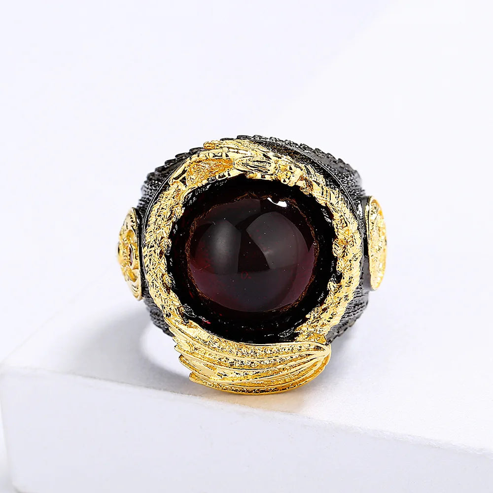 Domineering Men's for Ring Inlaid Red Zircon Ring Carved Dragon Ring Black Gold Ring Jewelry Party Ring Mens Rings Gold