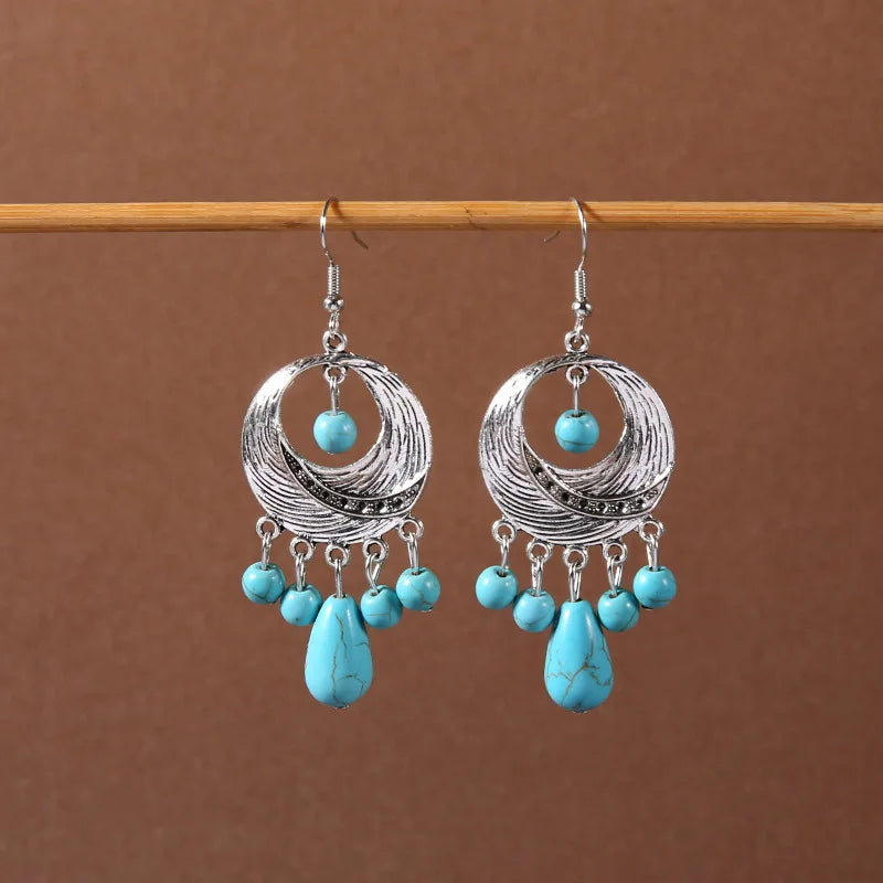Bohemian fringed turquoise personality temperament earrings jewelry