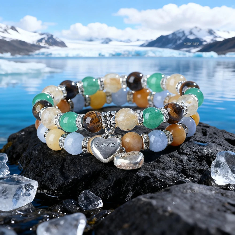 2pcs Bracelet Set, Multi-layer Bead Bracelet with Silver Heart Pendant, Ideal Gift for Crystal Enthusiasts and Bohemians