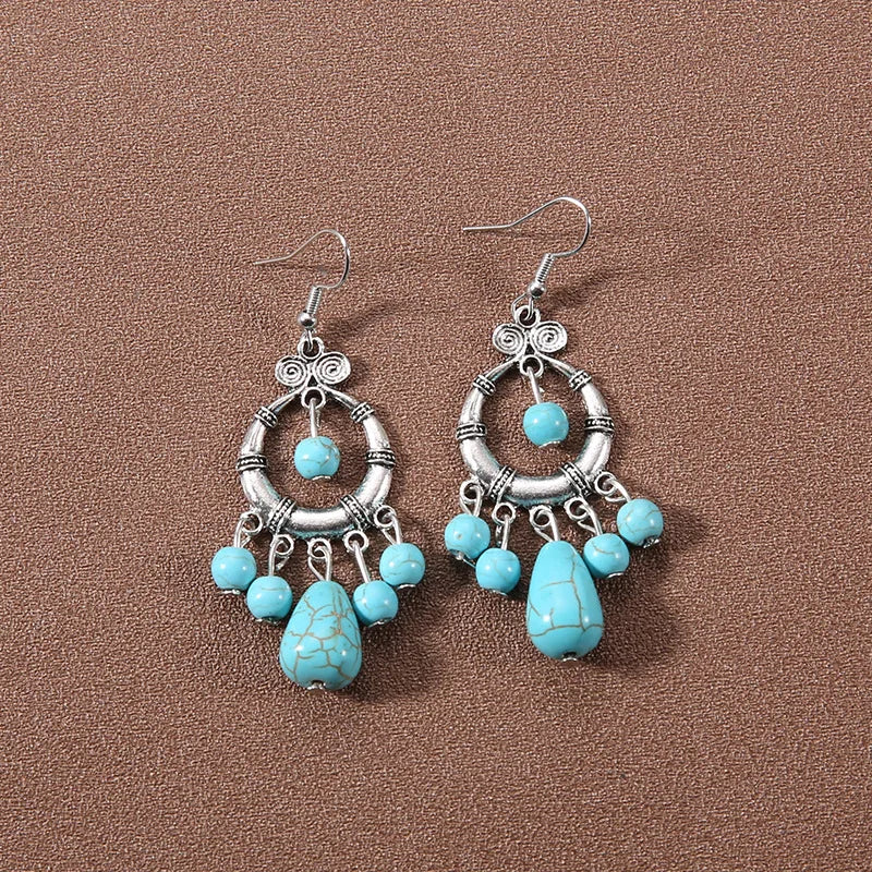 Bohemian fringed turquoise personality temperament earrings jewelry