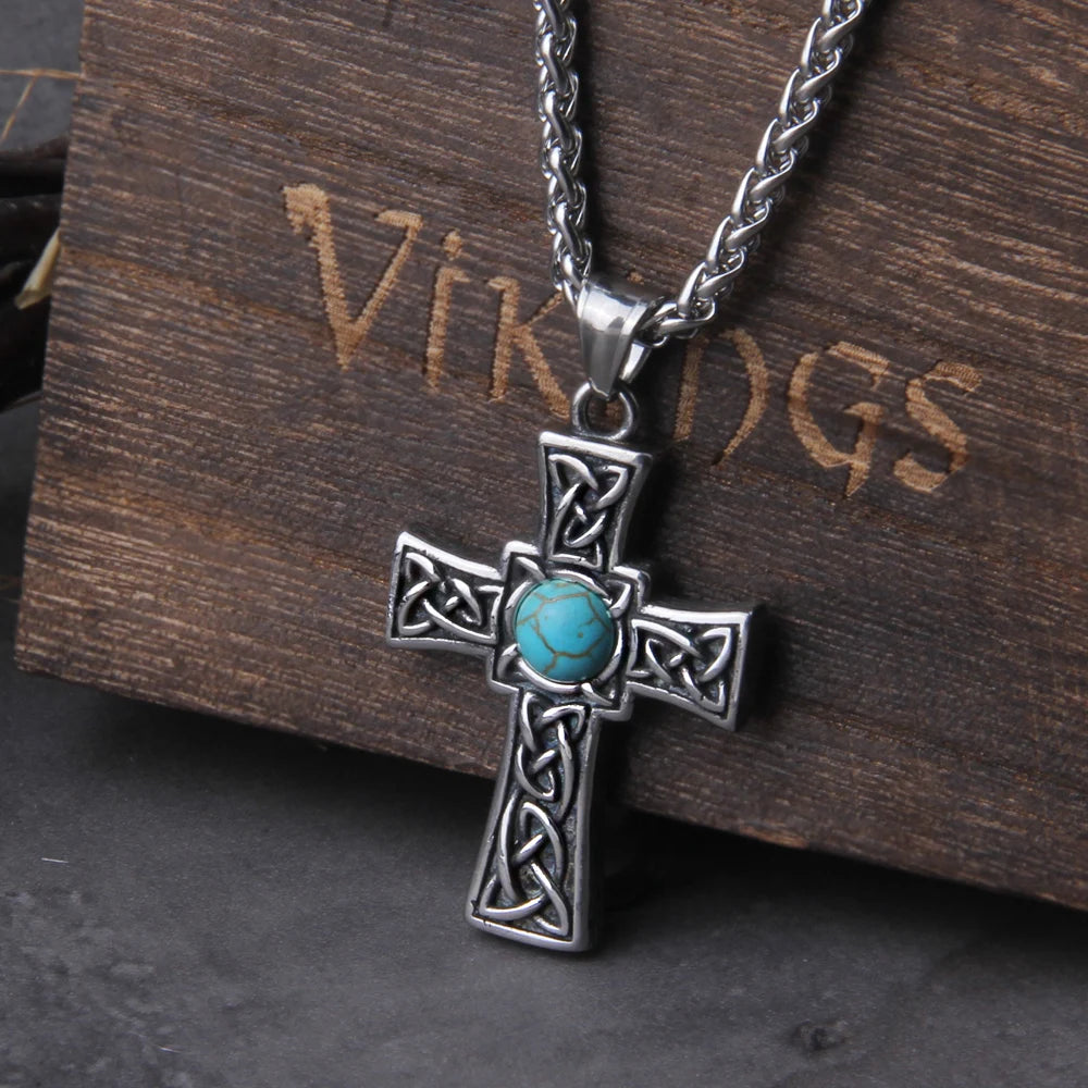 stainless steel Valknut Celtic cross with stone pendant men fashion viking titanium steel jewelry with wooden box as men gift