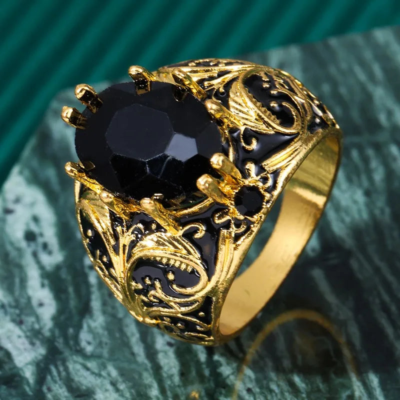 Huajie Featured Palace Prints Turkish Signet Rings for Men Inlaid Black Zircon Vintage Style Ring Jewelry Trend