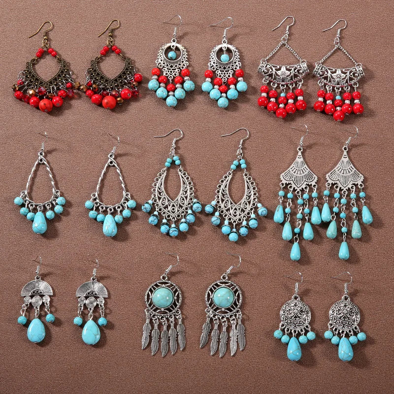 Bohemian fringed turquoise personality temperament earrings jewelry