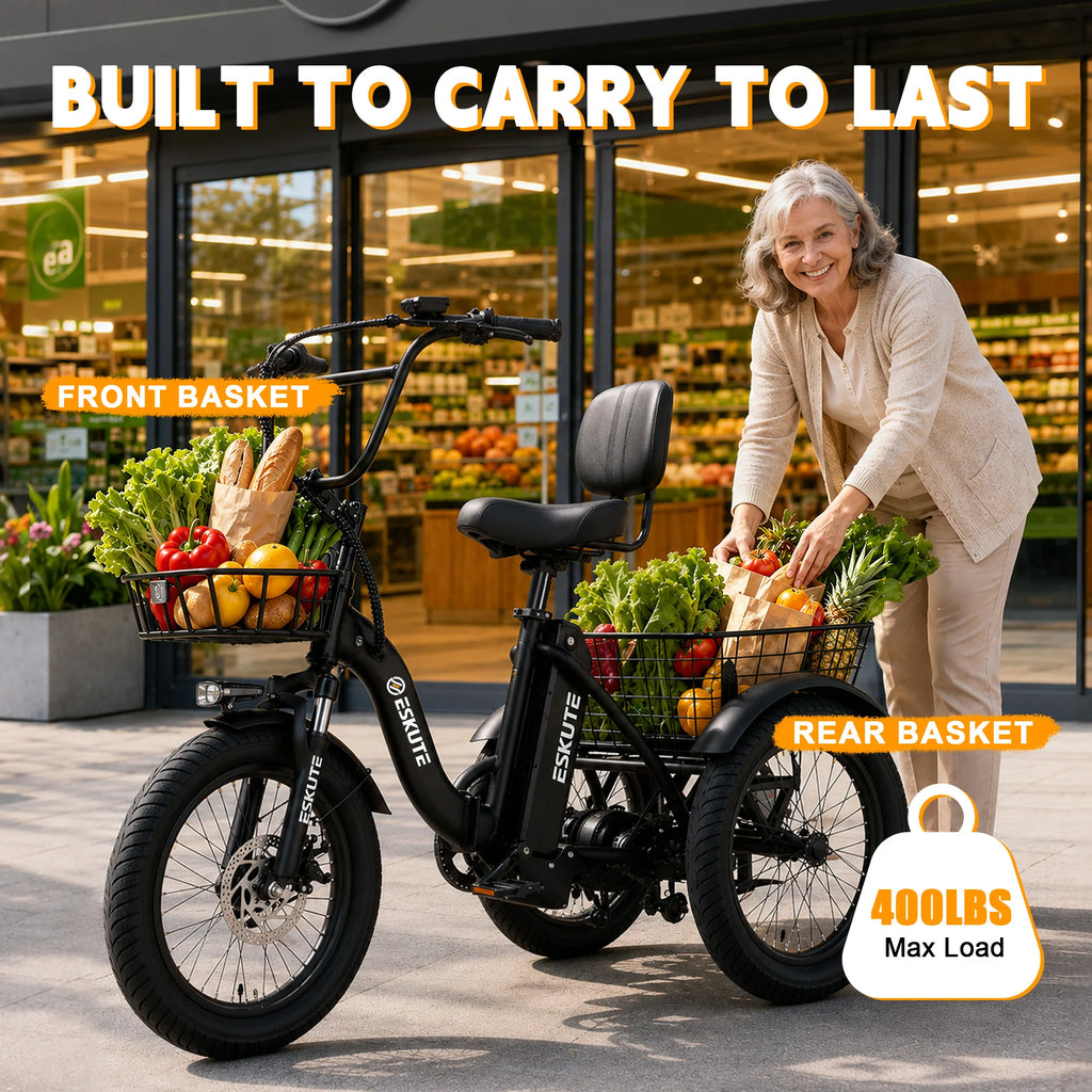 ESKUTE T300 E Trike Electric Bike, Peak Brushless Motor Folding Trike 18X3.0 Fat Tire Ebike, 624Wh Removable Battery, Step-Thru 3 Wheel Electric Bicycle, Up to 65 Miles, 18MPH+ Tricycle for Adults