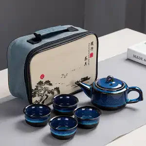Ceramic Kung Fu Travel Tea Set Set Tianmu Glaze Kiln One Pot Four Cup Outdoor Travel Chinese Tea Set with Tote Bag Portable Gift