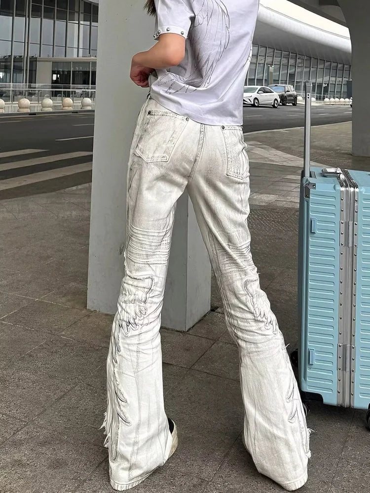 2026 Cyber Y2K Streetwear Dirty Washed White Baggy Women's Flared Jeans Pants For Woman Clothing Wing Embroidery Long Trousers