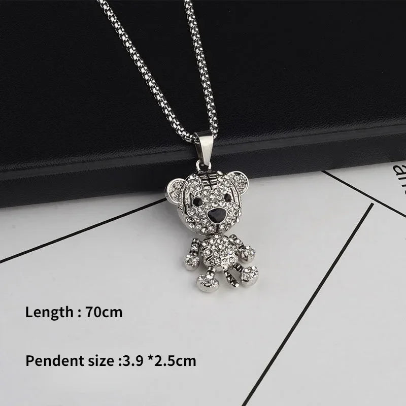 Rotatable Bear Doll Pendant Stainless Steel Necklace Men and Women Hip-hop Personality Simple Cartoon Sweater Chain Wholesale