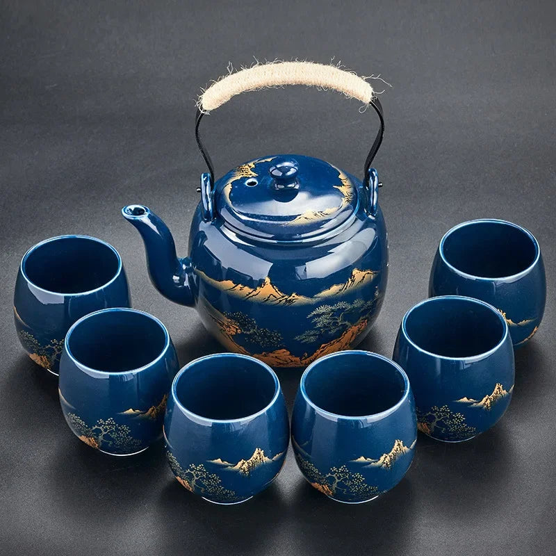 Black Glazed Large-capacity Tea Set   Ceramic Handle Teapot   1 Teapot with 6 Cups