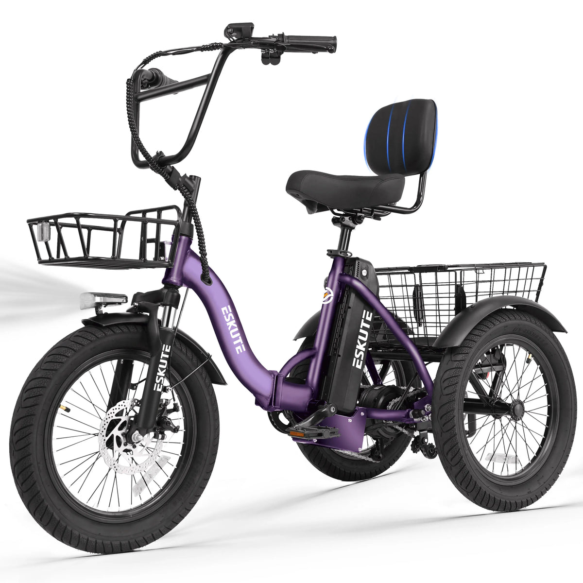 ESKUTE T300 E Trike Electric Bike, Peak Brushless Motor Folding Trike 18X3.0 Fat Tire Ebike, 624Wh Removable Battery, Step-Thru 3 Wheel Electric Bicycle, Up to 65 Miles, 18MPH+ Tricycle for Adults