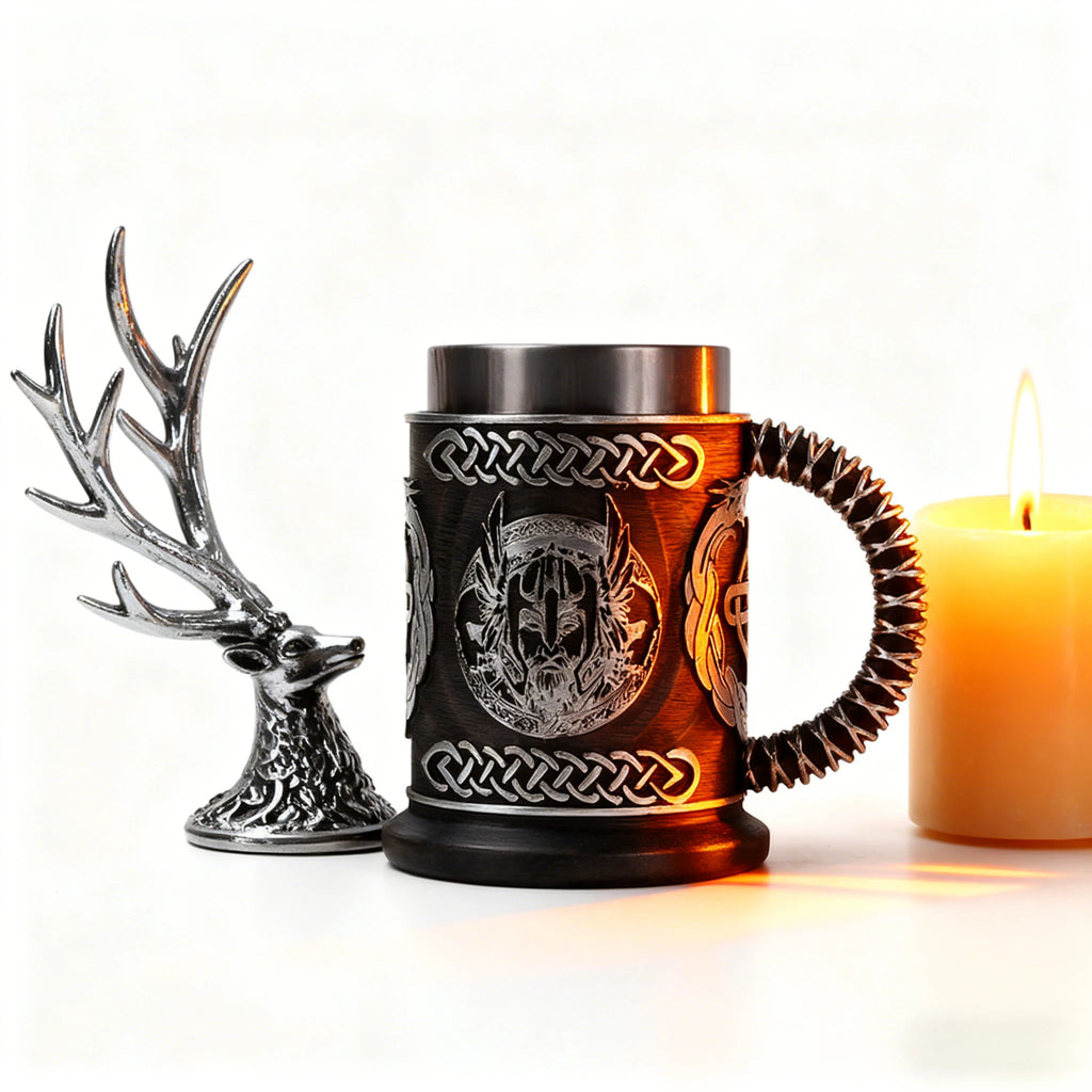 New Medieval Norse Mythology Beer Mug - Large Capacity 304 Stainless Steel Odin God of War Unique Wine Cup Creative Drinkware.