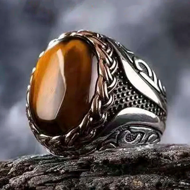 New Copper Material Open Adjustable Ring Amber Gemstone Personality High Jewelry Fashion Luxury Business Men's High-end Ring