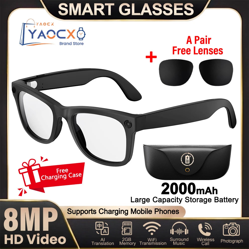 2026 Smart Glasses Genuine Leather 8MP HD Lens 2000Mah Charging Case BT Call 3D Music AI Voice Wake-up AI Translation