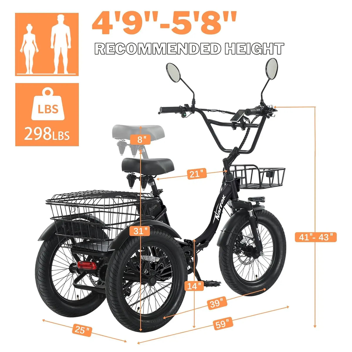 Electric Tricycle 18x3.0 Fat Tire Folding 3 Wheel Step-Thru Ebike 468WH Battery Basket, Customized
