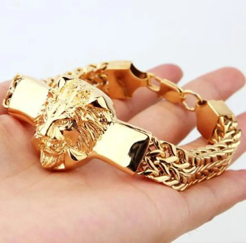 Personality Domineering Animal Gold Color Lion Head Bracelet Men's Stainless Steel Chain Bracelet Punk Rock Jewelry Gift