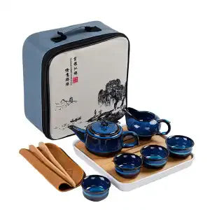 Ceramic Kung Fu Travel Tea Set Set Tianmu Glaze Kiln One Pot Four Cup Outdoor Travel Chinese Tea Set with Tote Bag Portable Gift