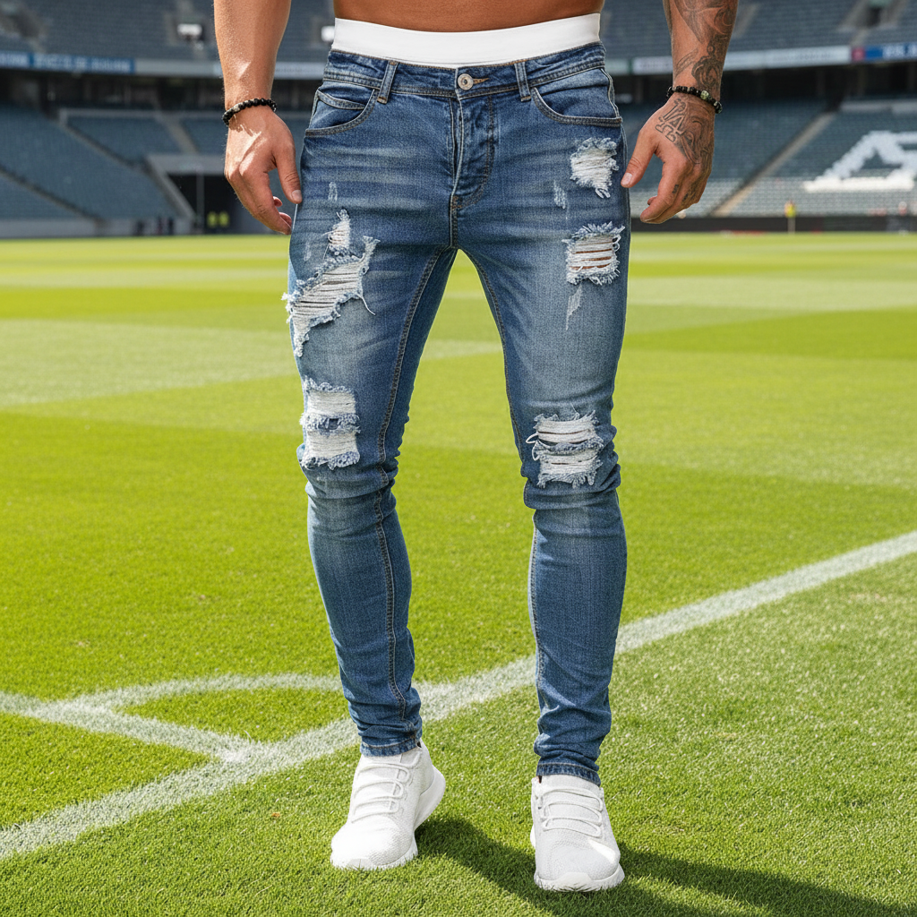 new White Embroidery Jeans Men Cotton Stretchy Ripped Skinny Jeans High Quality Hip Hop Black Hole Slim Fit Oversize Denim Pants
