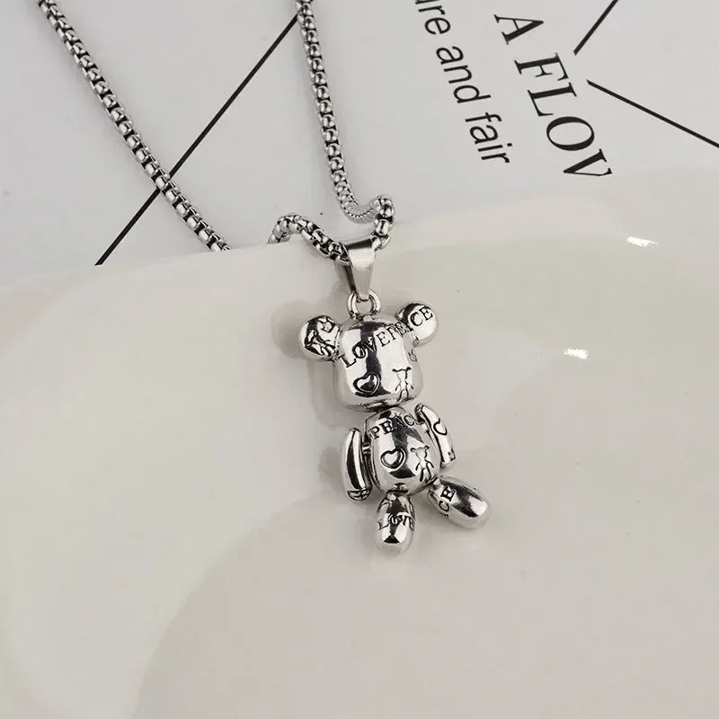 Rotatable Bear Doll Pendant Stainless Steel Necklace Men and Women Hip-hop Personality Simple Cartoon Sweater Chain Wholesale