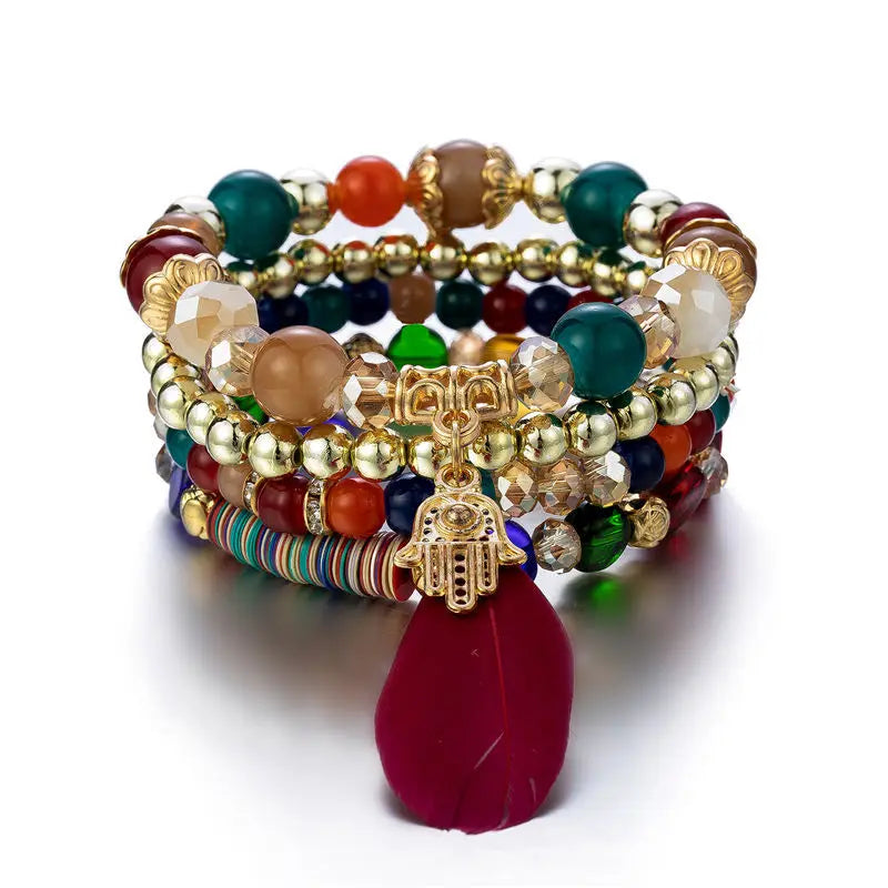 Cross-border European and American supply Bohemian bracelet four-piece set, colored crystal bead bracelet, feather hand jewelry,
